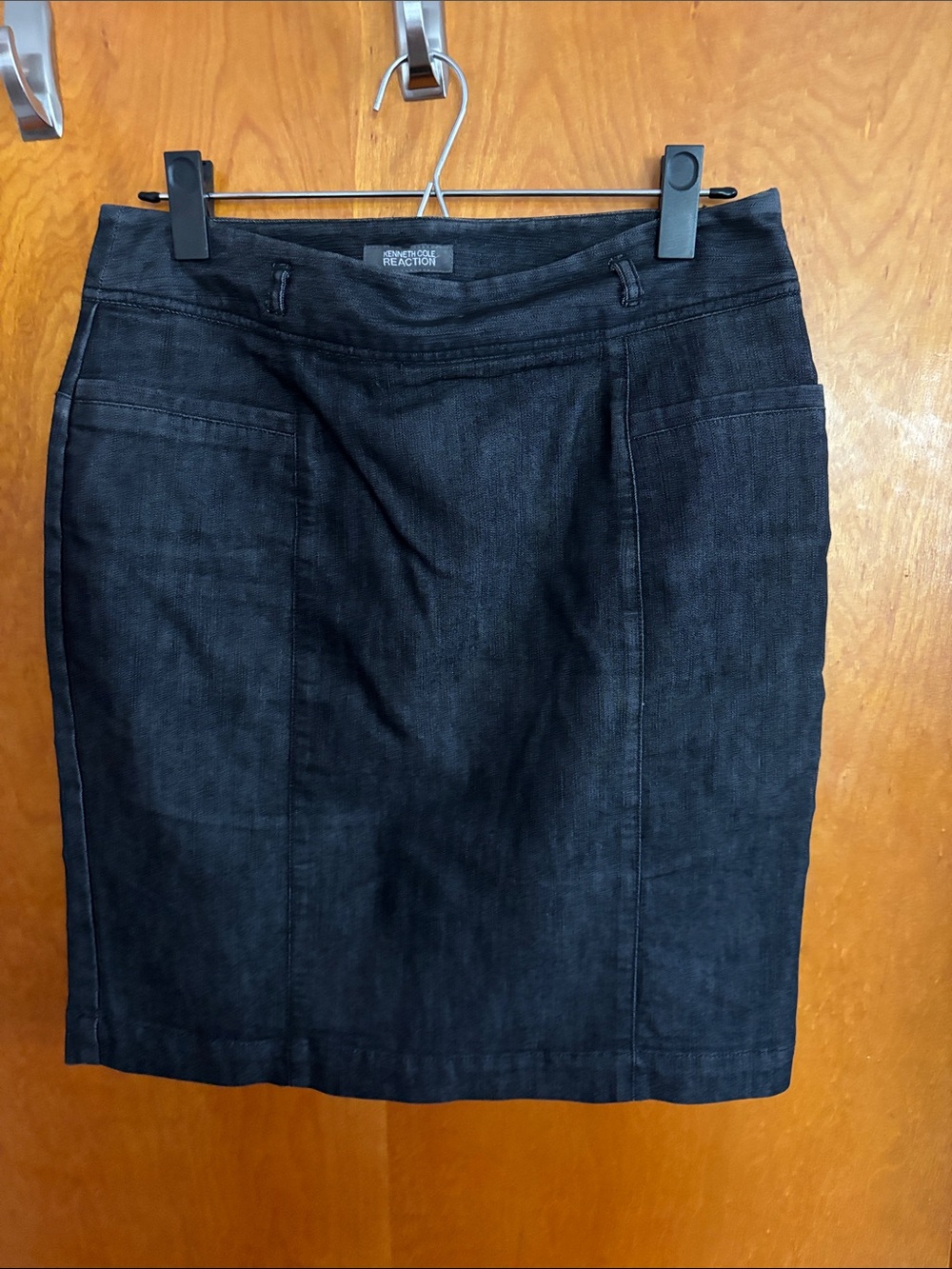 Kenneth Cole Reaction Black Denim Pencil Skirt with front and rear slit pockets